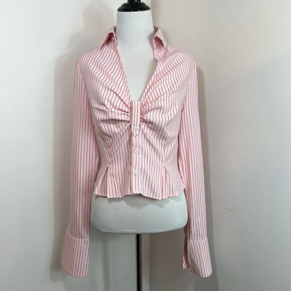 Pretty Little Thing Shirt Button Up 6 Pink Burgandy Crop Pinstripe Fitted Y2K - Picture 1 of 13